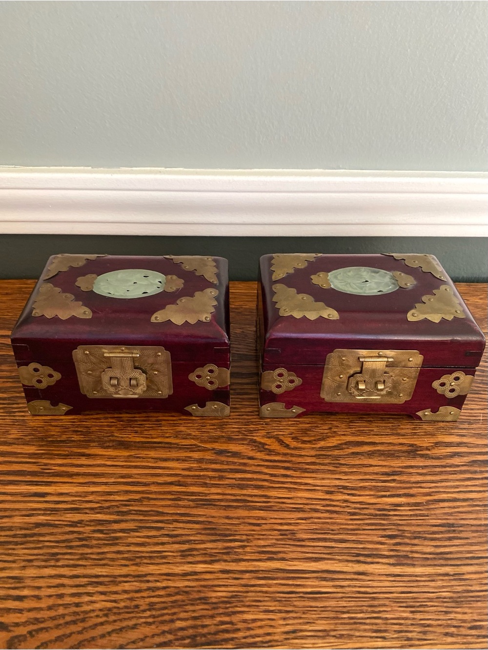 Vintage Mid Century Chinese Wood and Brass Jewelry Box Set of 2